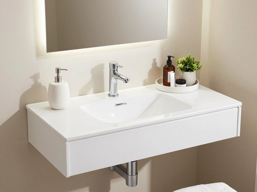 Beautifully styled floating vanity with curated accessories and plants