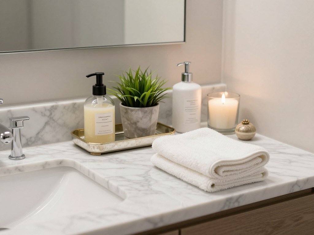 Beautifully styled master bath vanity with organized accessories