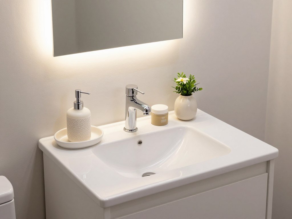 Beautifully styled small bathroom vanity with curated accessories