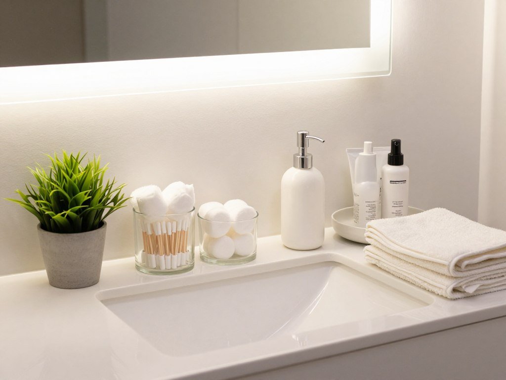 Beautifully styled vanity area with complementary accessories and decor elements