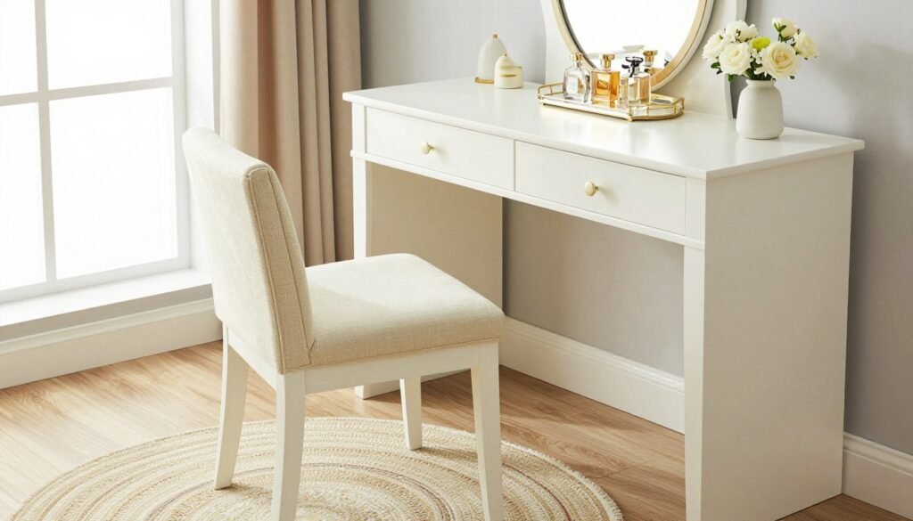 Beautifully styled vanity area with coordinated chair, accessories, and decor