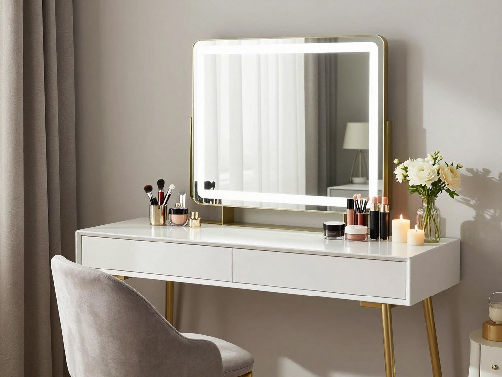 Beautifully styled vanity area with lighted mirror in a bedroom setting