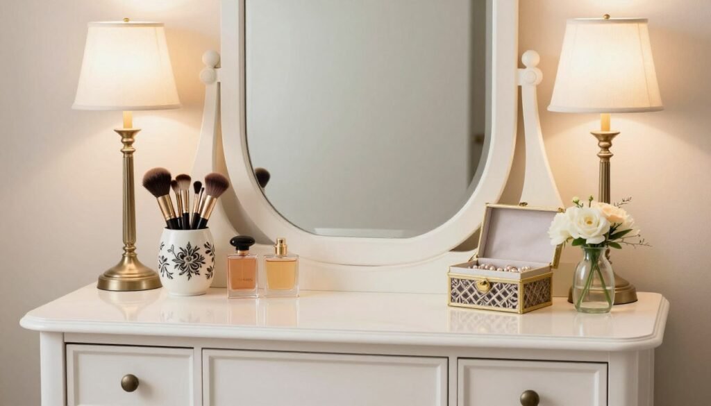 Beautifully styled vintage vanity with carefully arranged accessories and perfect lighting showing complete vintage vanity aesthetic