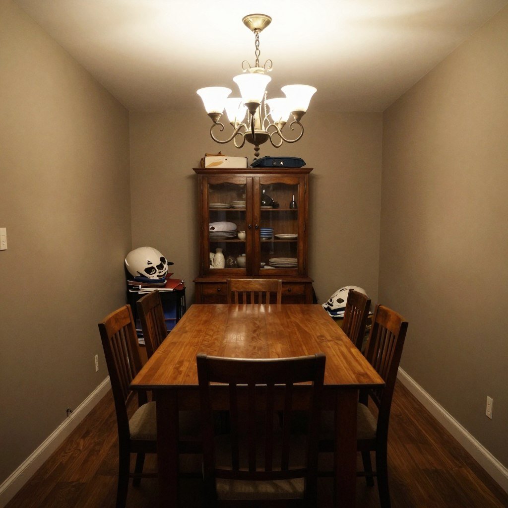 Before: A cluttered small dining area with a large rectangular table and poor lighting