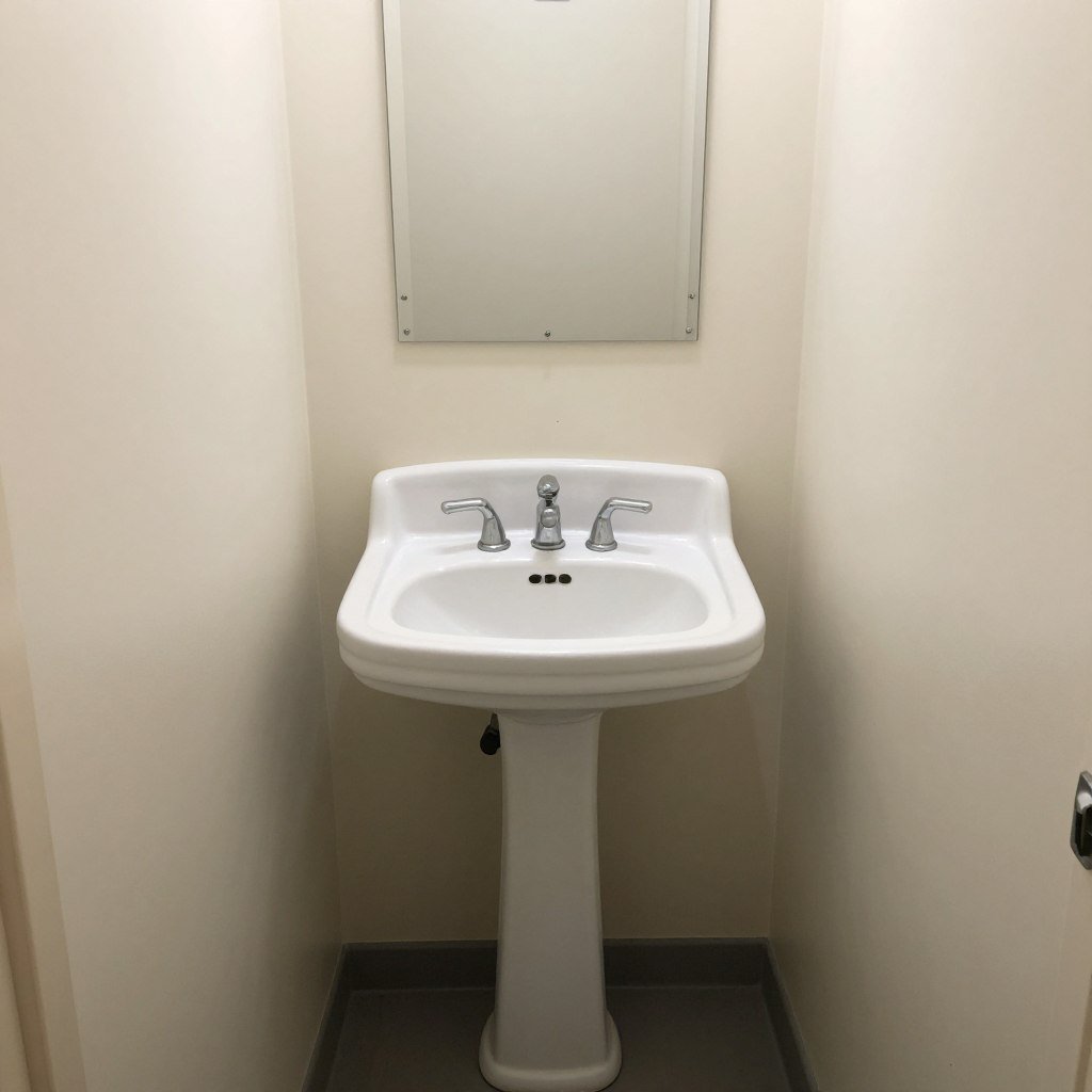 Before: Cramped powder room with pedestal sink and no storage
