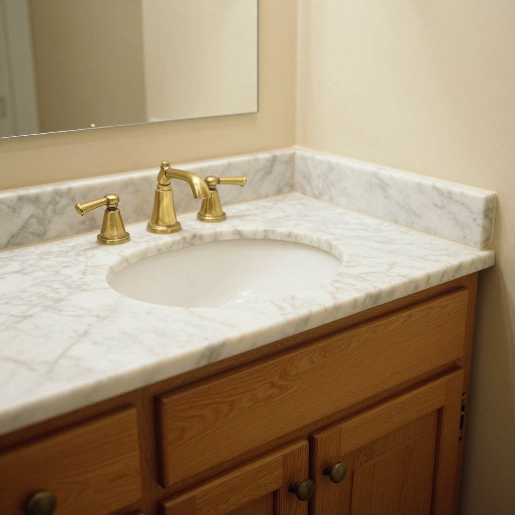 Before: Dated 1990s bathroom with oak vanity and limited storage