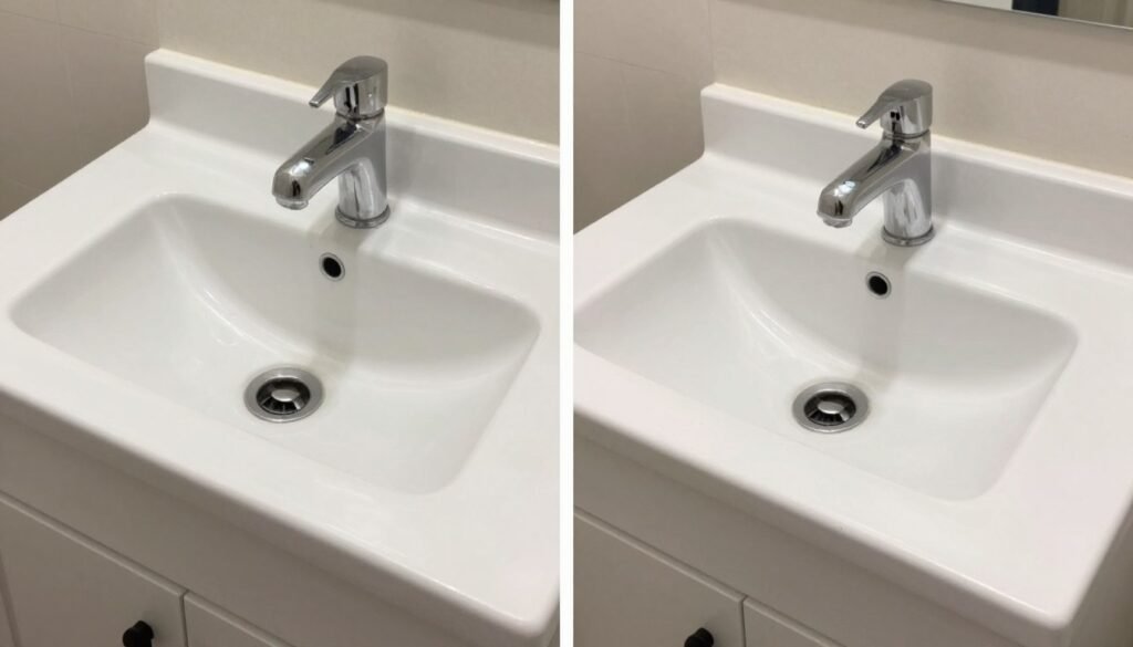 Before and after cleaning of a white vanity showing effective maintenance techniques