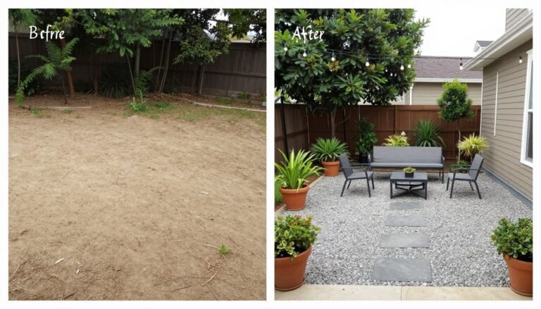 Before and after comparison of a DIY patio makeover on a budget