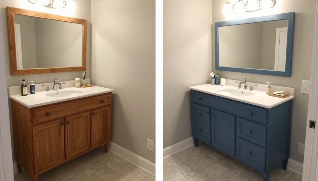 Before and after comparison of a complete bathroom transformation with painted vanity