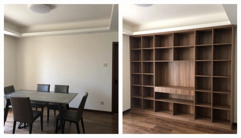 Before and after comparison of a dining room transformed with a custom storage wall installation