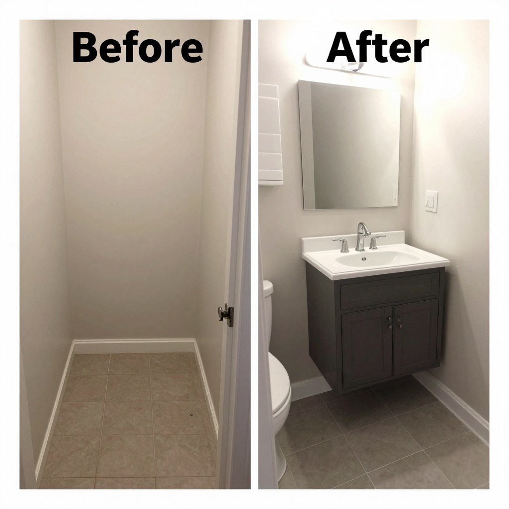 Before and after comparison of a small bathroom transformation with a compact vanity