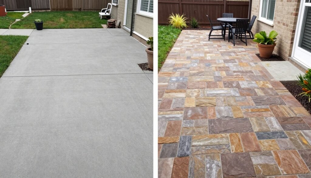 Before and after comparison of plain concrete transformed into beautiful stamped concrete patio Before and after comparison of plain concrete transformed into beautiful stamped concrete patio
