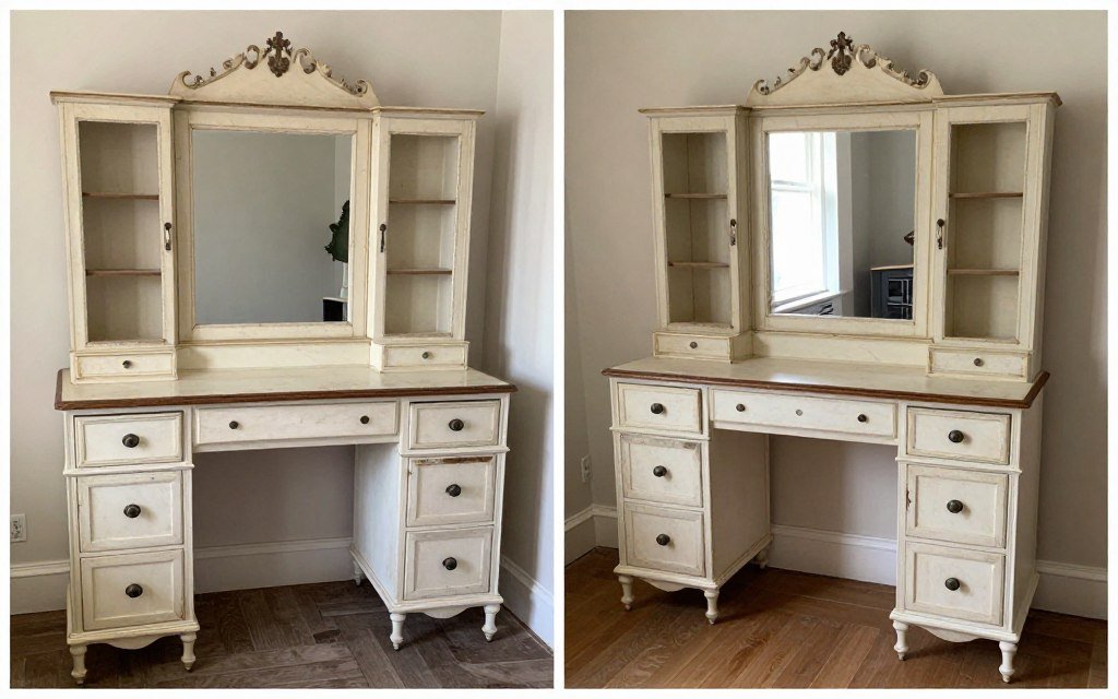 Before and after images of a carefully restored Victorian vanity showing remarkable transformation