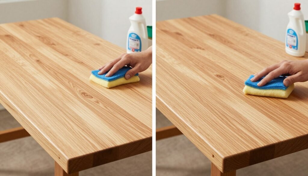 Before and after images of a farmhouse table being properly cleaned and maintained