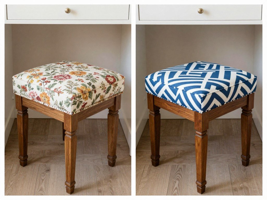 Before and after images of a reupholstered vanity stool showing the transformation