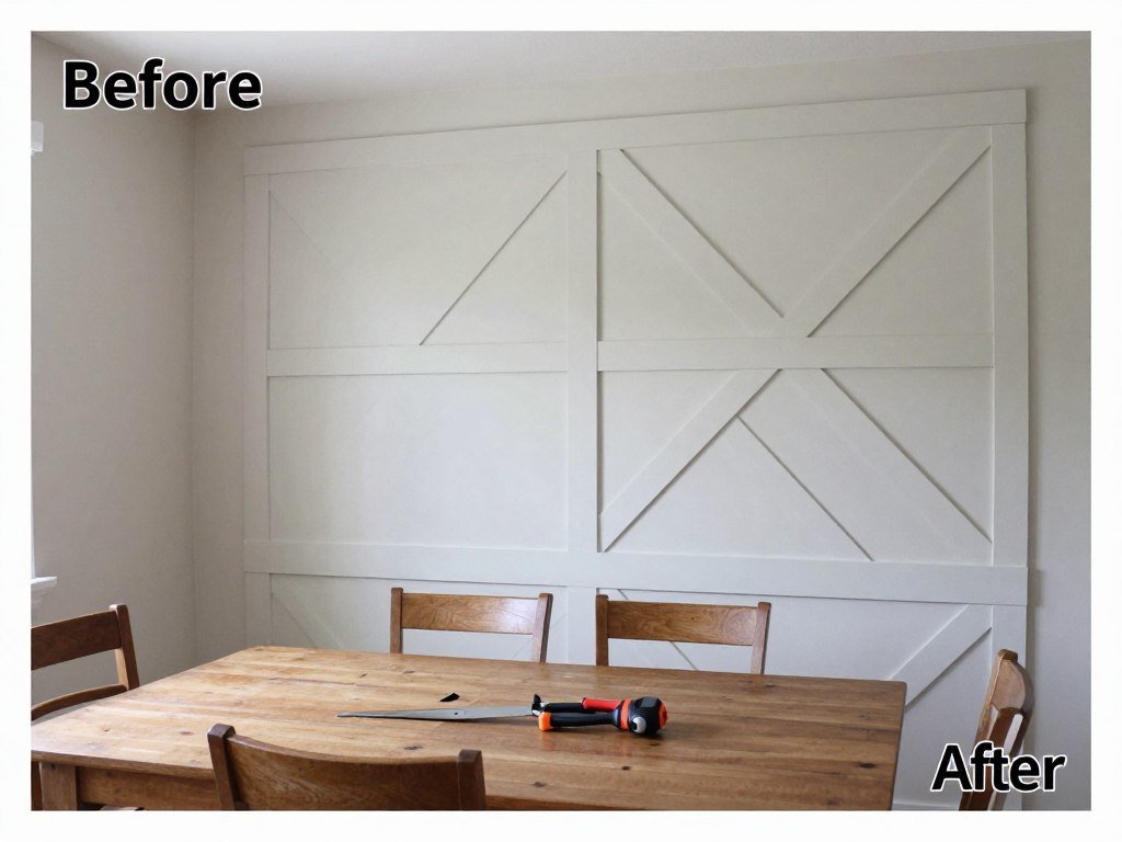 Before and after of a DIY dining room accent wall project showing the transformation process with simple tools