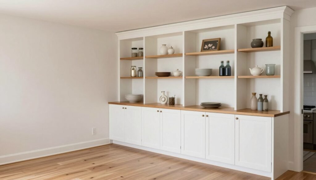 Before and after of a DIY dining room built in project using stock cabinets