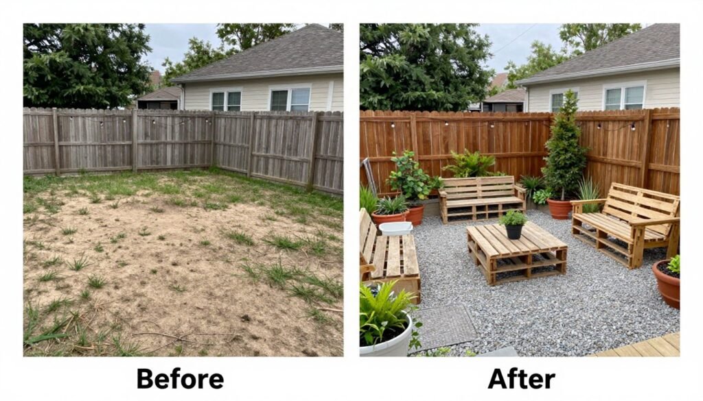 Before and after of a budget backyard transformation