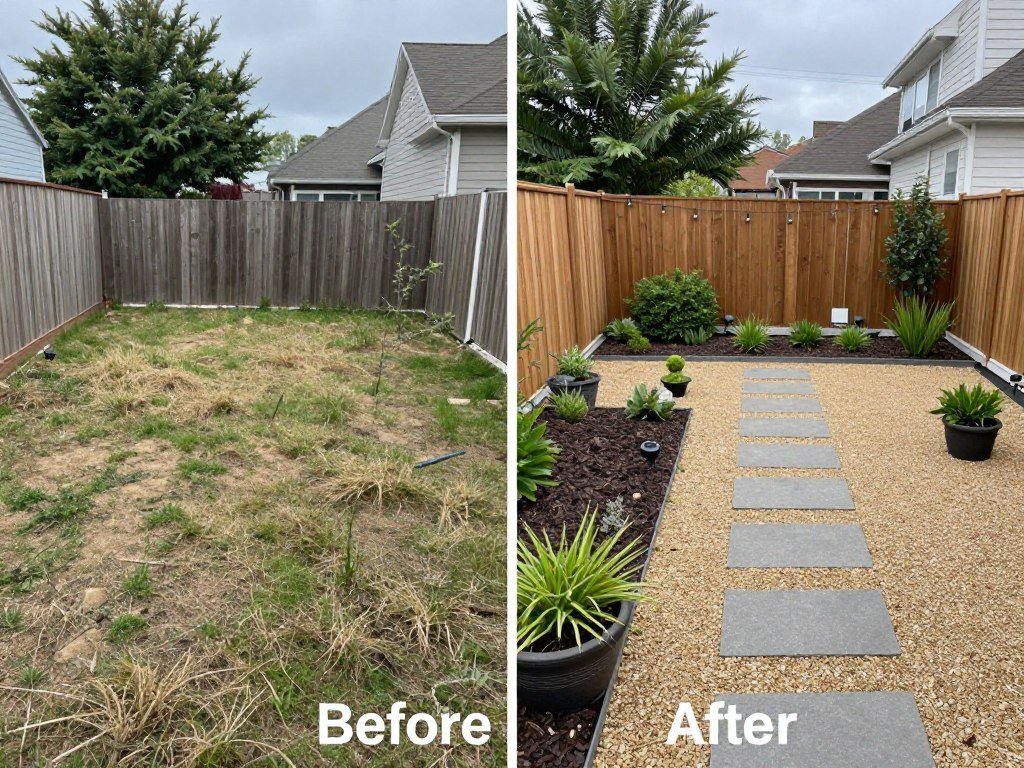 Before and after of a phased backyard makeover showing transformation on a budget