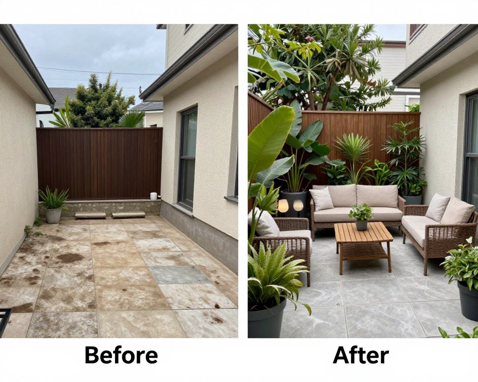 Before and after of a small patio transformation showing dramatic improvement