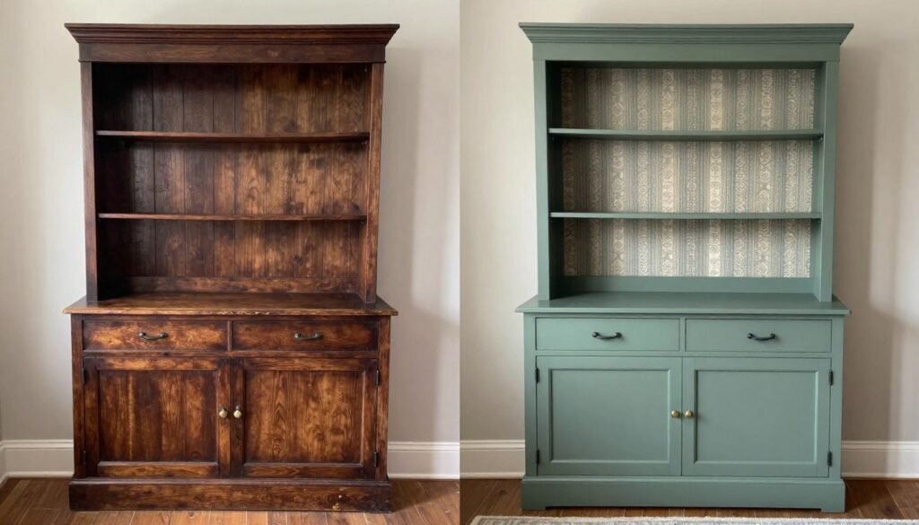 Before and after of a transformed vintage hutch with new paint, hardware, and interior updates Before and after of a transformed vintage hutch with new paint, hardware, and interior updates