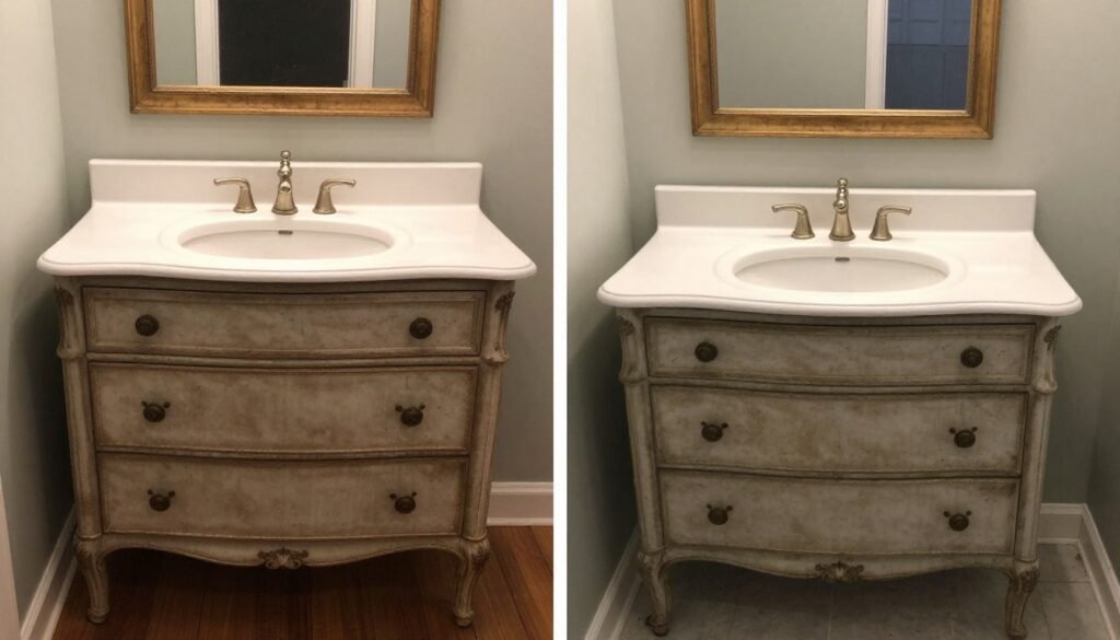 Before and after of dresser transformed into DIY bathroom vanity