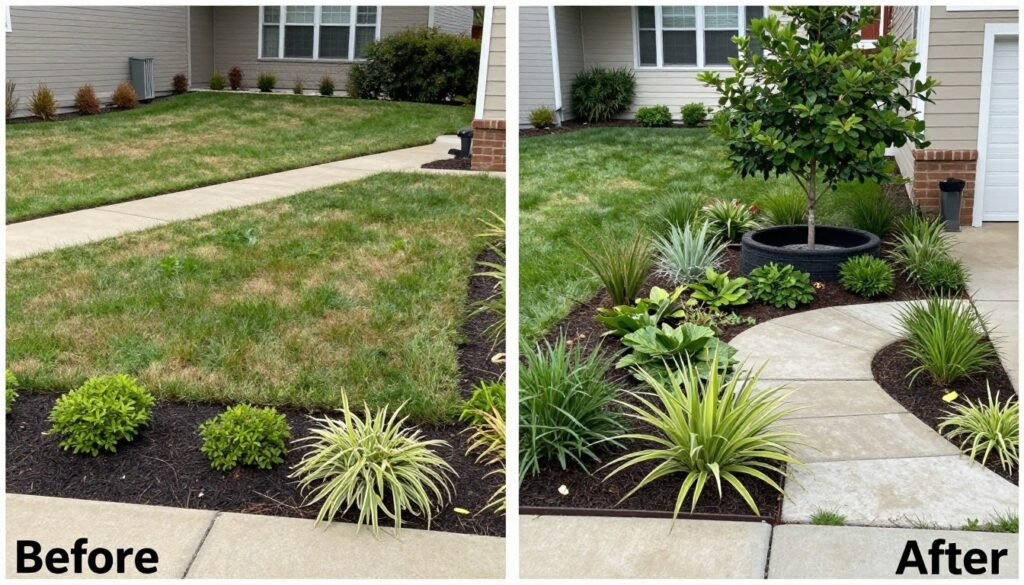 Before and after of front yard landscaping transformation