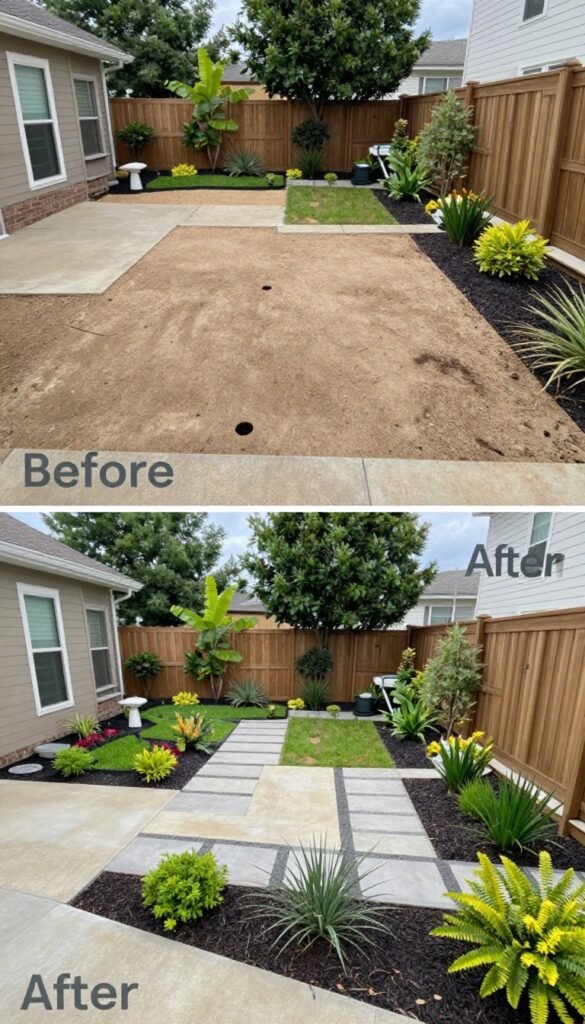 Before and after transformation of a backyard landscaping design project
