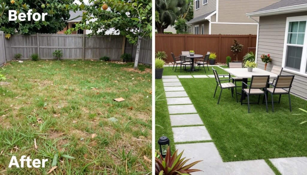 Before and after transformation of a backyard with turf and pavers
