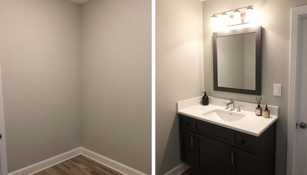 Before and after transformation of a bathroom corner with a stylish corner vanity installation