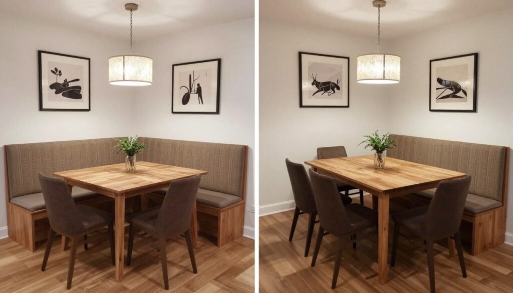 Before and after transformation of a dining space with a banquette bench