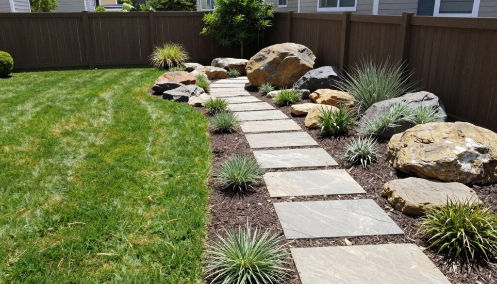 Before and after transformation of a front yard using rock landscaping techniques to create a beautiful, low-maintenance landscape