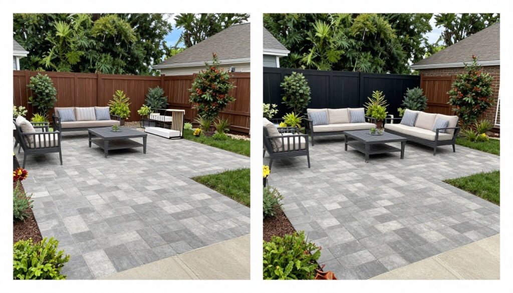 Before and after transformation of backyard with new paver patio installation