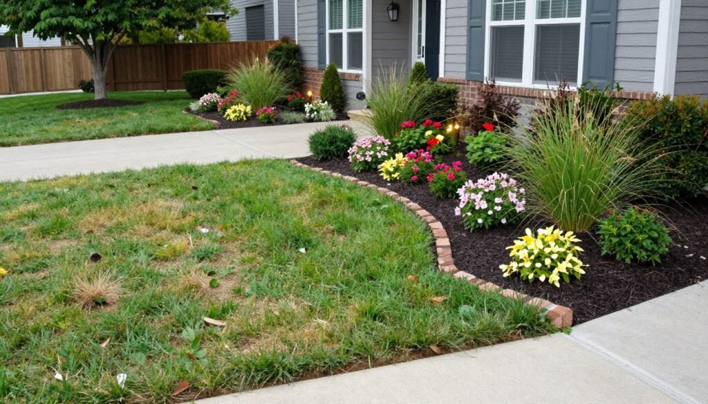 Before and after transformation of side of driveway landscaping showing dramatic improvement in curb appeal