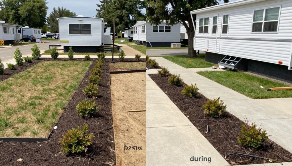 Before and during transformation of a mobile home landscape showing the process of implementing landscaping ideas in phases