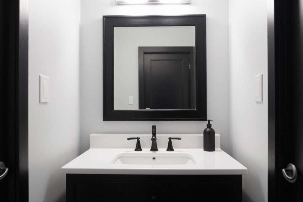 Black and white bathroom with white vanity and black accents