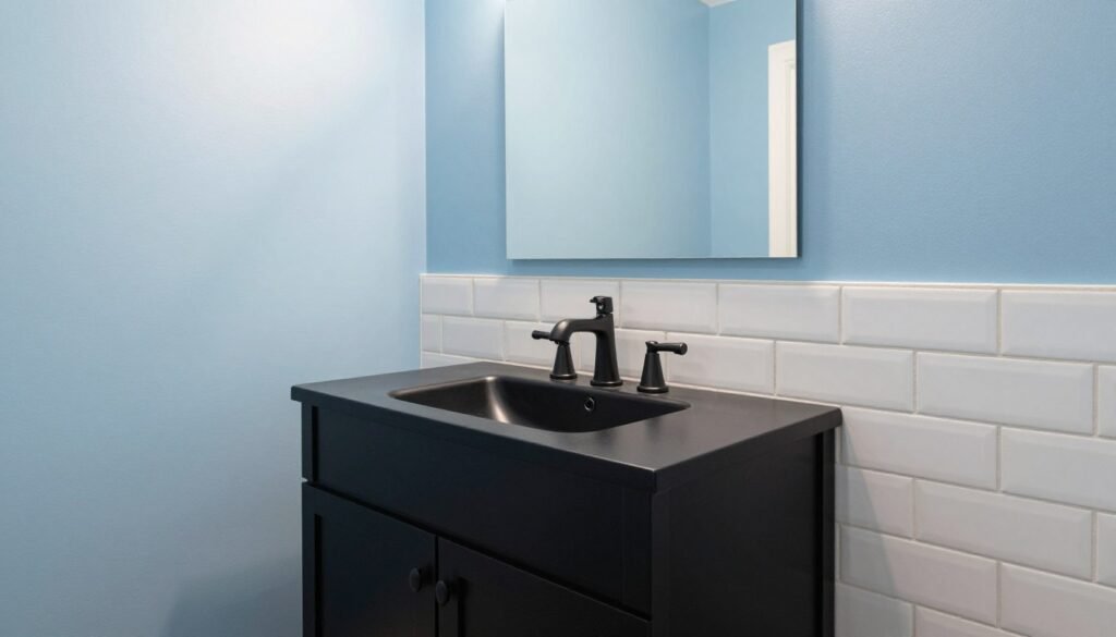 Black bathroom vanity against light blue walls with white subway tile backsplash Black bathroom vanity against light blue walls with white subway tile backsplash