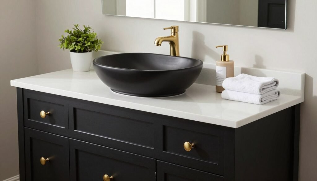 Black bathroom vanity styled with gold hardware, white countertop and decorative accessories Black bathroom vanity styled with gold hardware, white countertop and decorative accessories