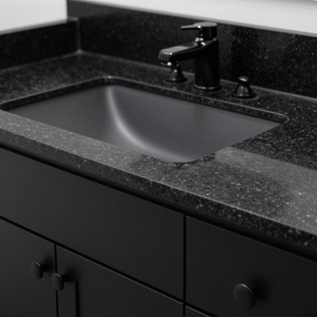 Black bathroom vanity with black granite countertop creating a monochromatic look Black bathroom vanity with black granite countertop creating a monochromatic look