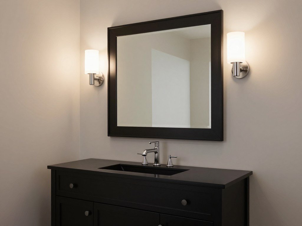 Black bathroom vanity with coordinating mirror and lighting Black bathroom vanity with coordinating mirror and lighting