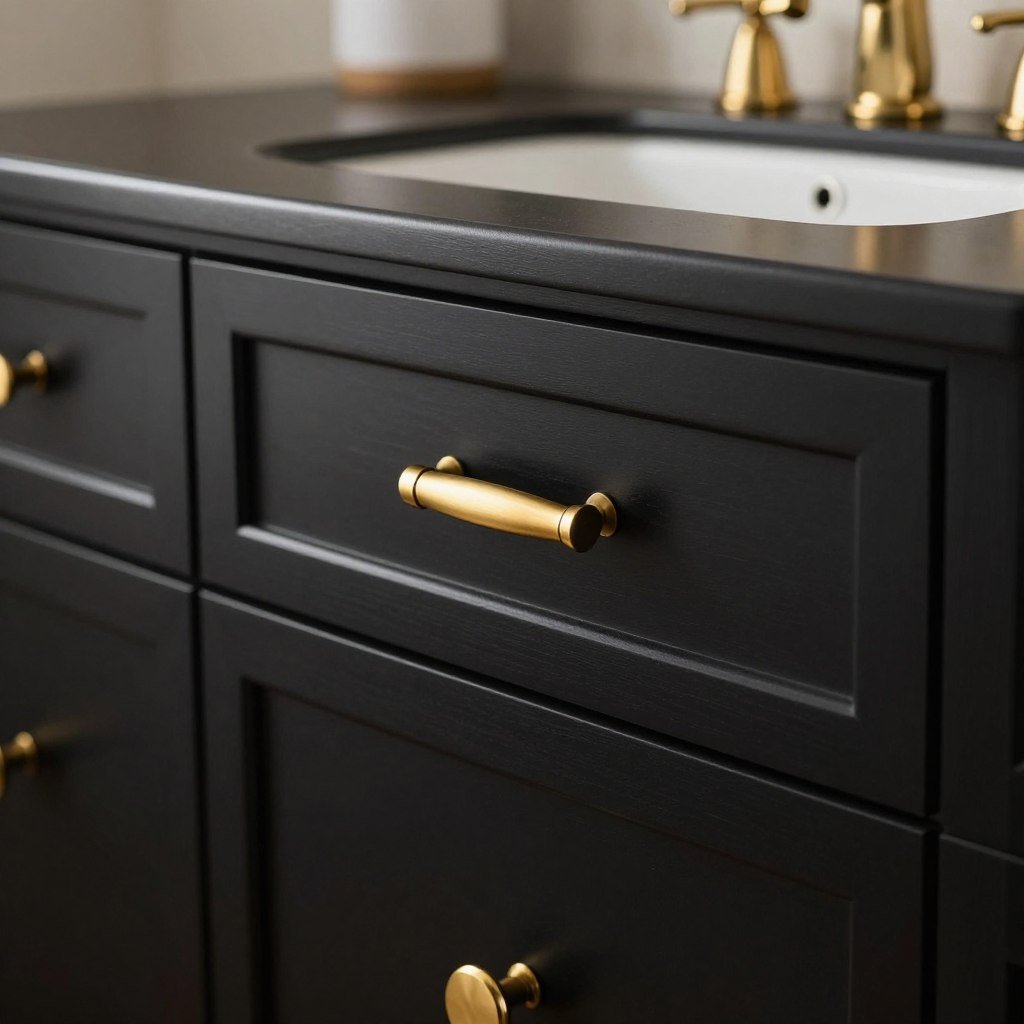 Black bathroom vanity with gold hardware and fixtures Black bathroom vanity with gold hardware and fixtures