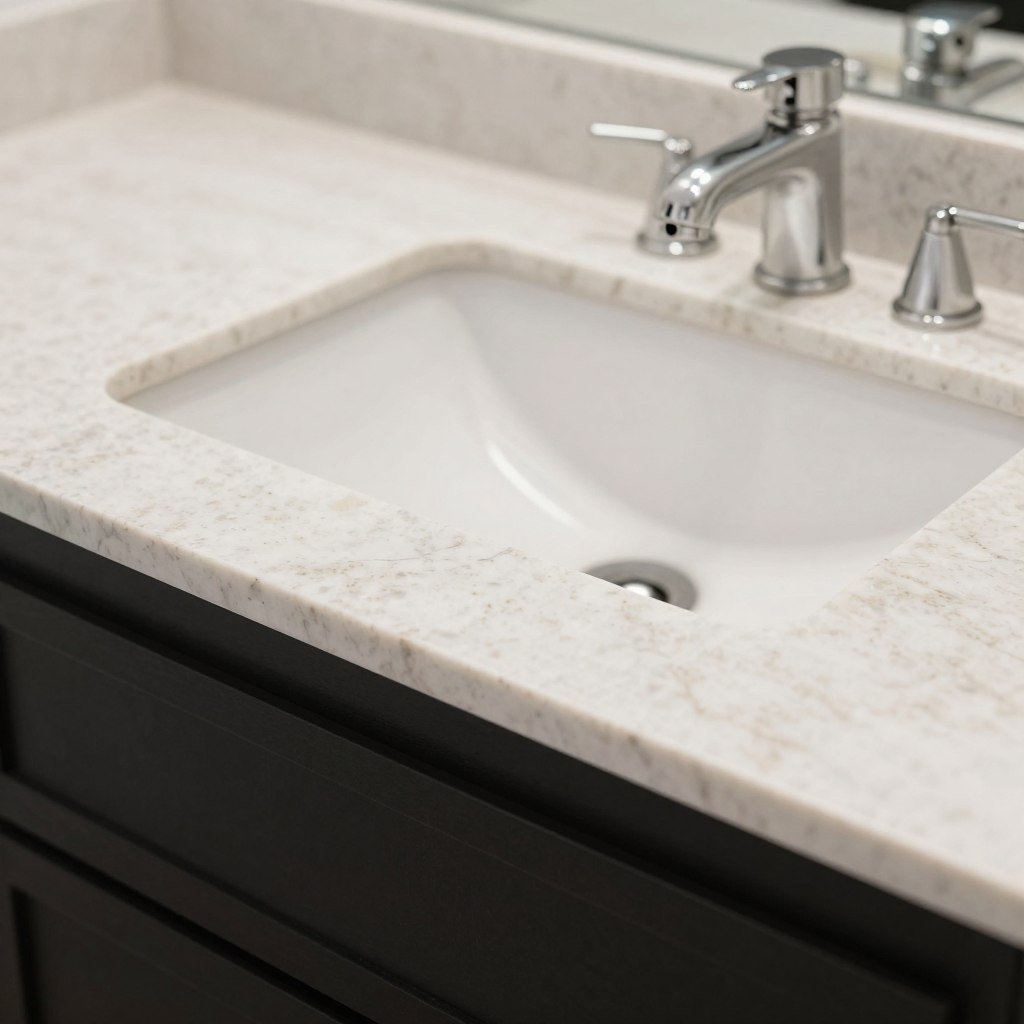 Black bathroom vanity with light quartz countertop and undermount sink Black bathroom vanity with light quartz countertop and undermount sink