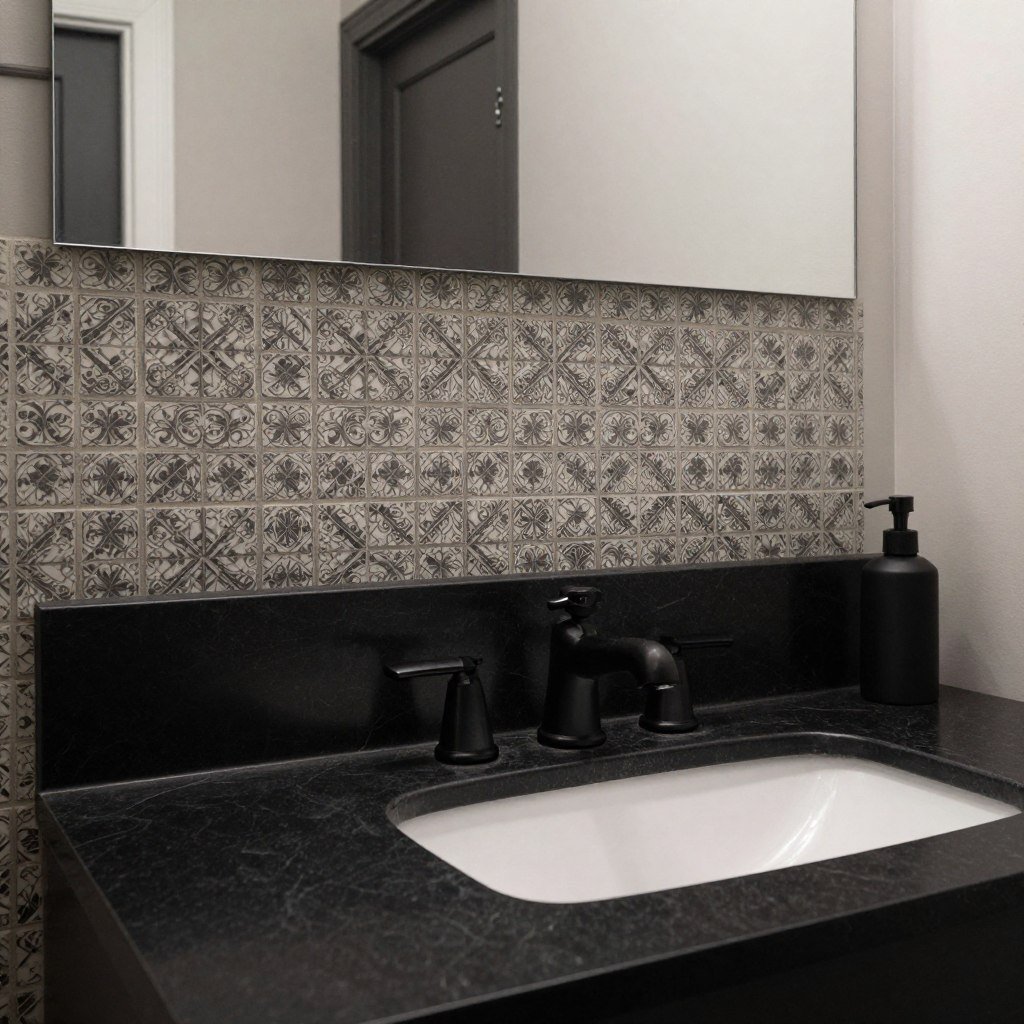 Black bathroom vanity with marble or patterned tile backsplash Black bathroom vanity with marble or patterned tile backsplash