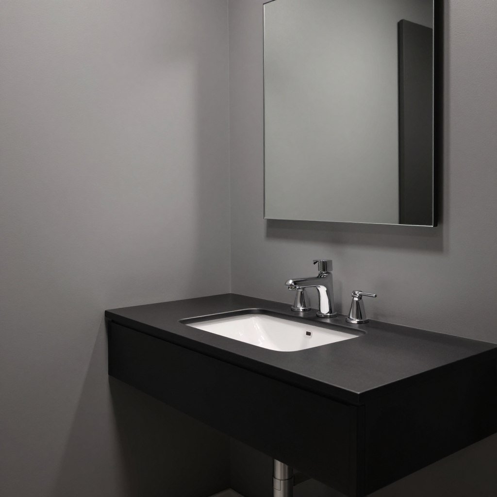 Black bathroom vanity with soft gray walls creating a sophisticated neutral palette Black bathroom vanity with soft gray walls creating a sophisticated neutral palette