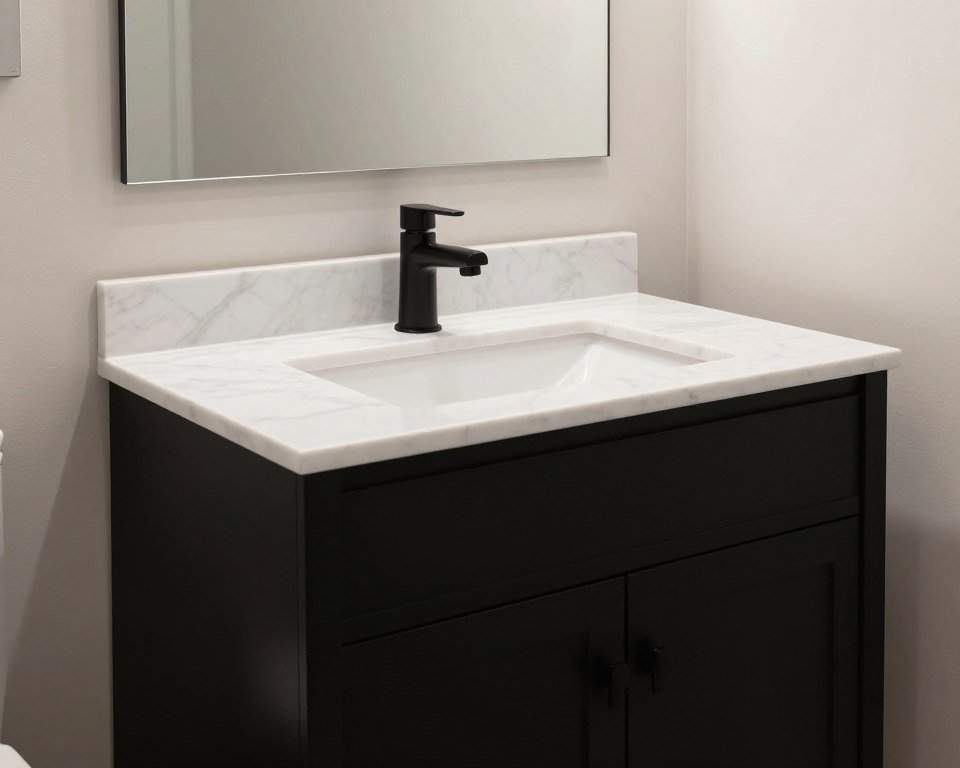 Black bathroom vanity with white marble top creating dramatic contrast in a modern bathroom