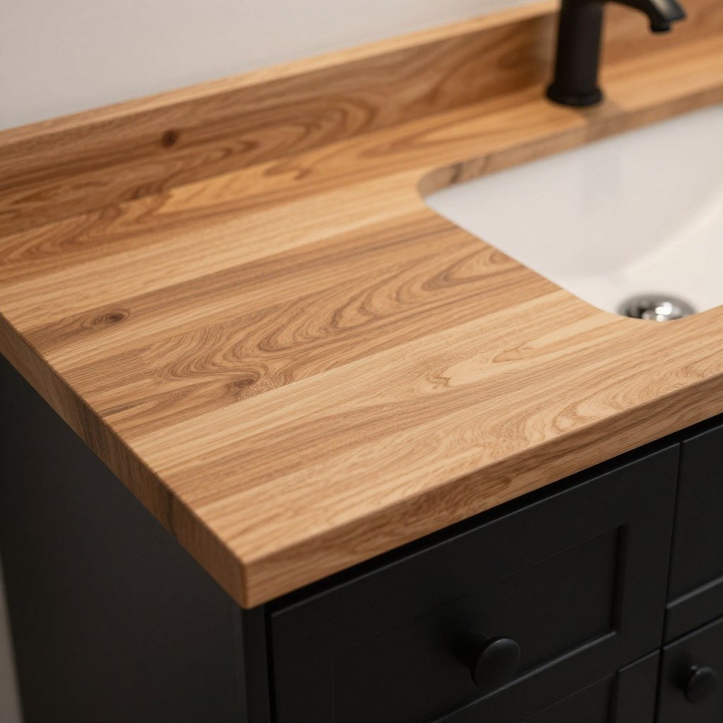 Black bathroom vanity with wooden countertop adding warmth to the design Black bathroom vanity with wooden countertop adding warmth to the design