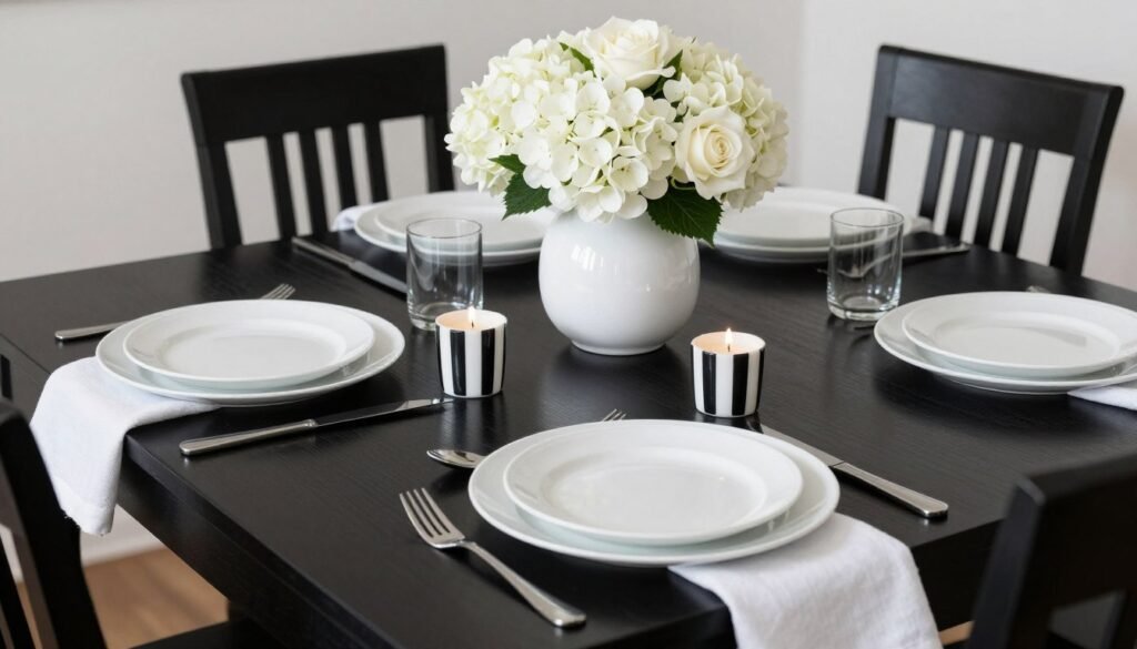 Black dining table with classic black and white color scheme