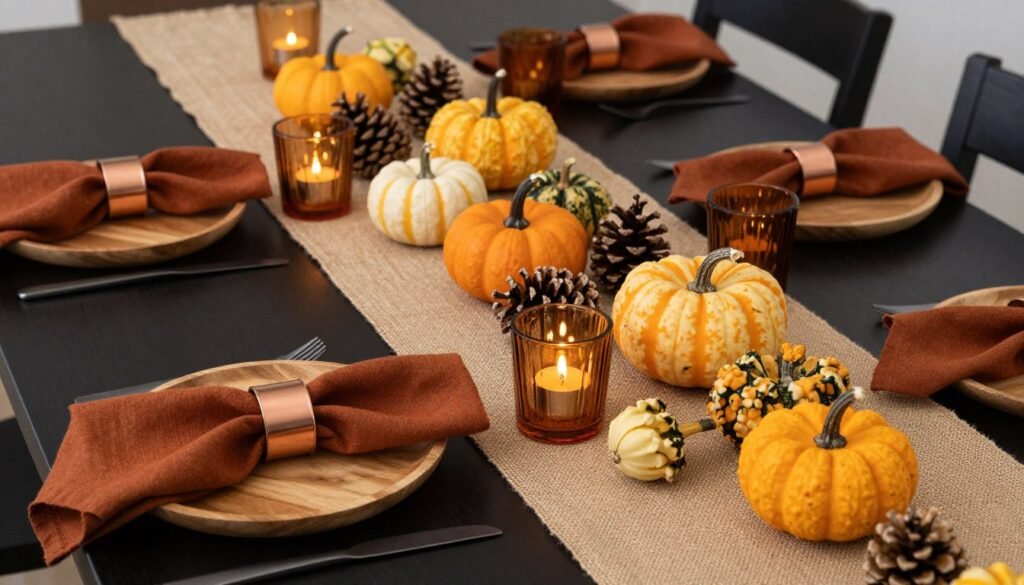 Black dining table with fall decor featuring mini pumpkins and warm-toned elements