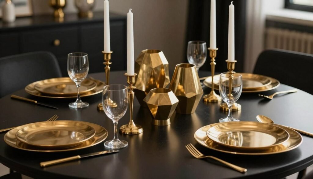 Black dining table with gold and brass decorative elements creating a luxurious tablescape