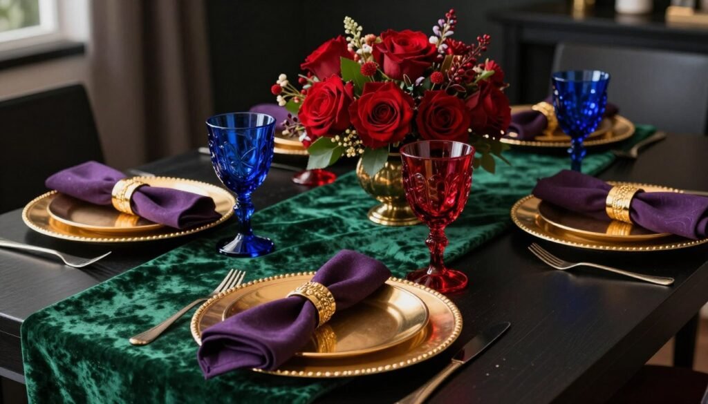 Black dining table with jewel-toned decor elements in emerald, sapphire and ruby